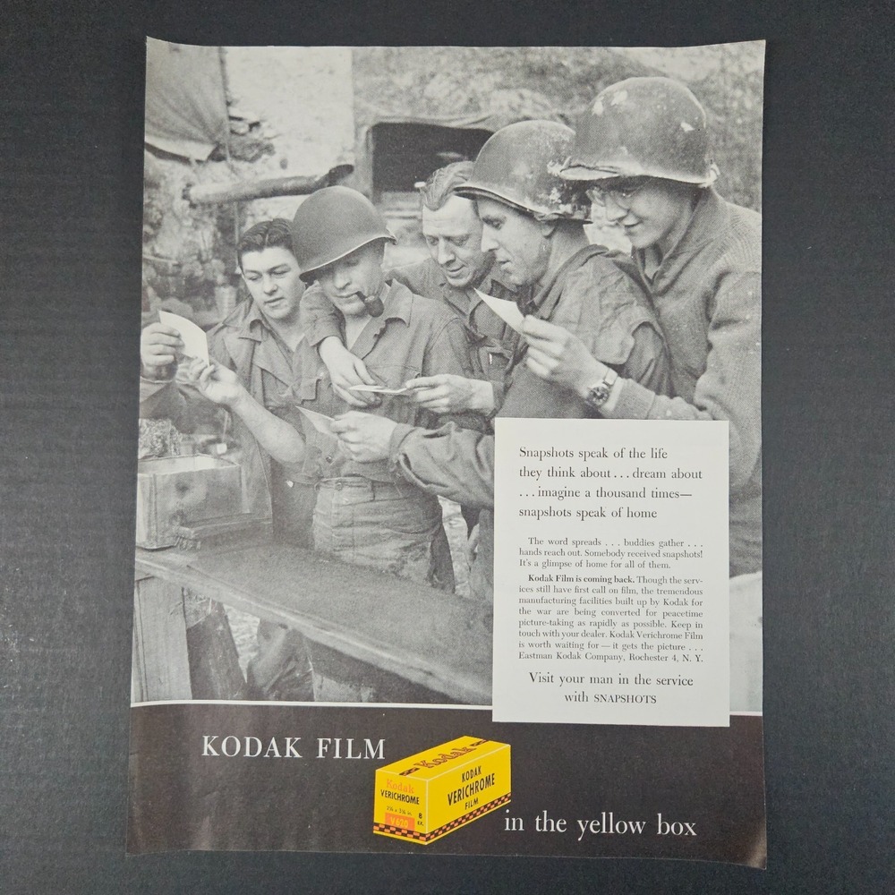 1945 Eastman Kodak Film Vintage Print Ad WW2 World War II Soldiers Rochester NY